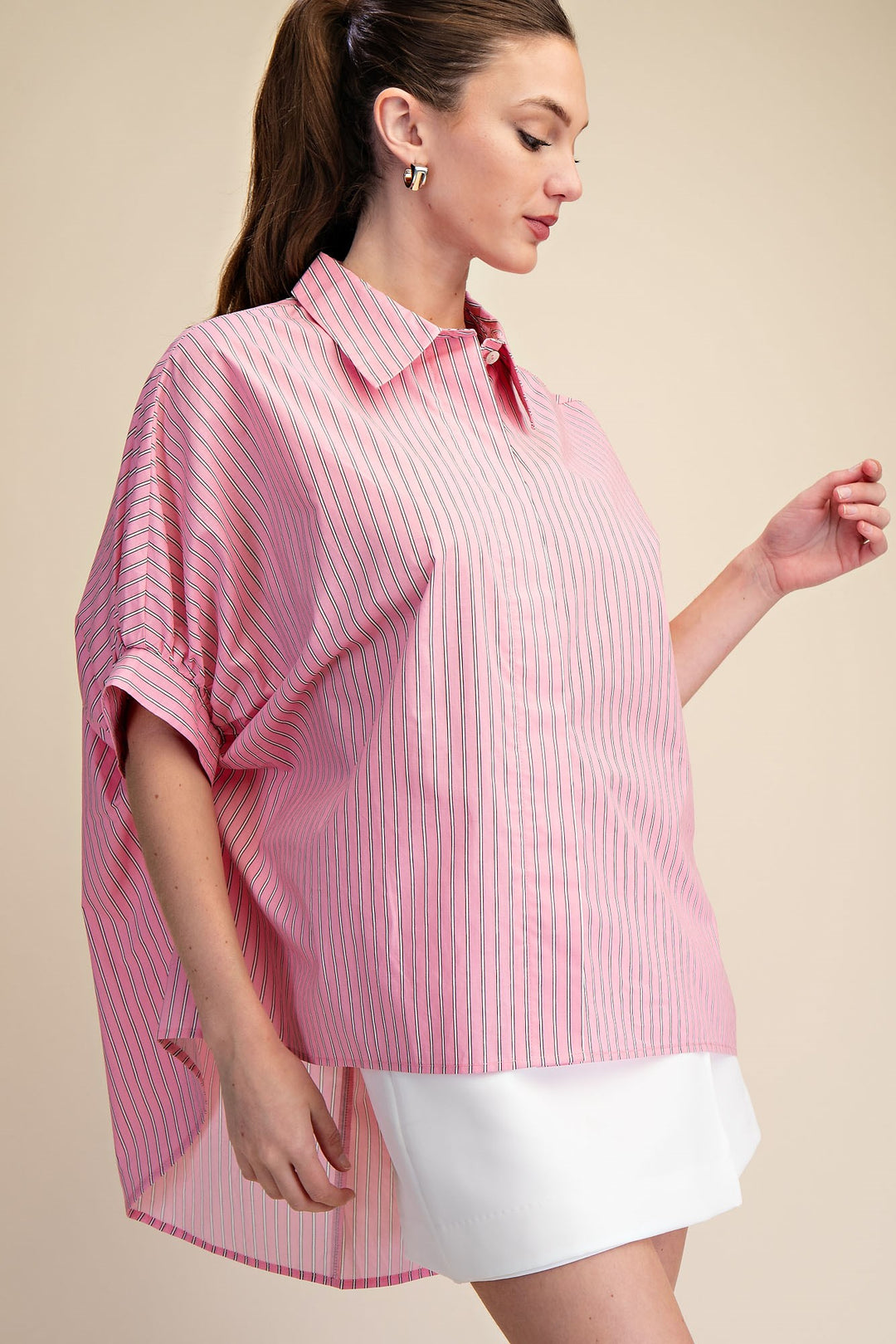 Button Down Oversized Stripe Shirt in Pink