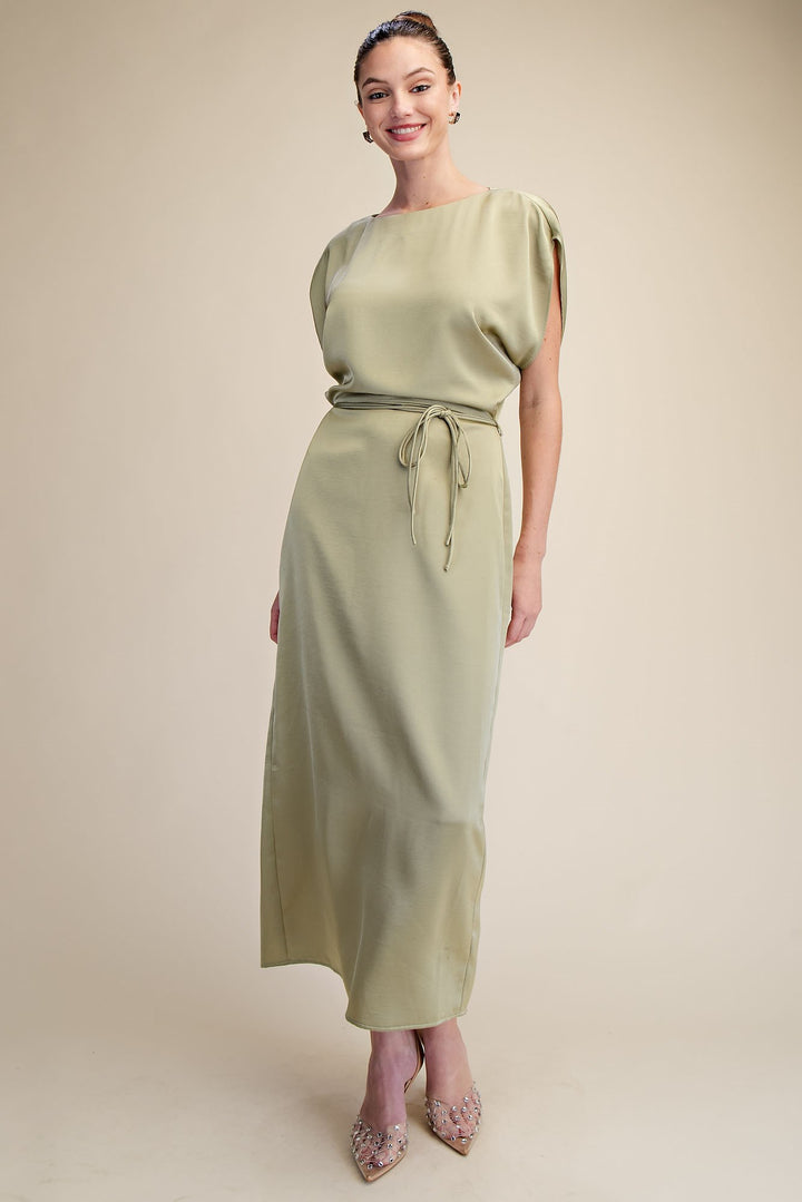 Round Neck Waist Tie Back Slit Midi Dress in Sage