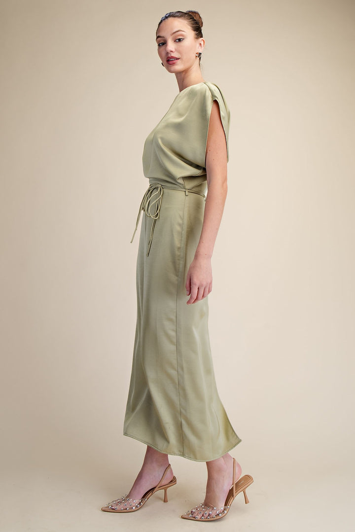 Round Neck Waist Tie Back Slit Midi Dress in Sage