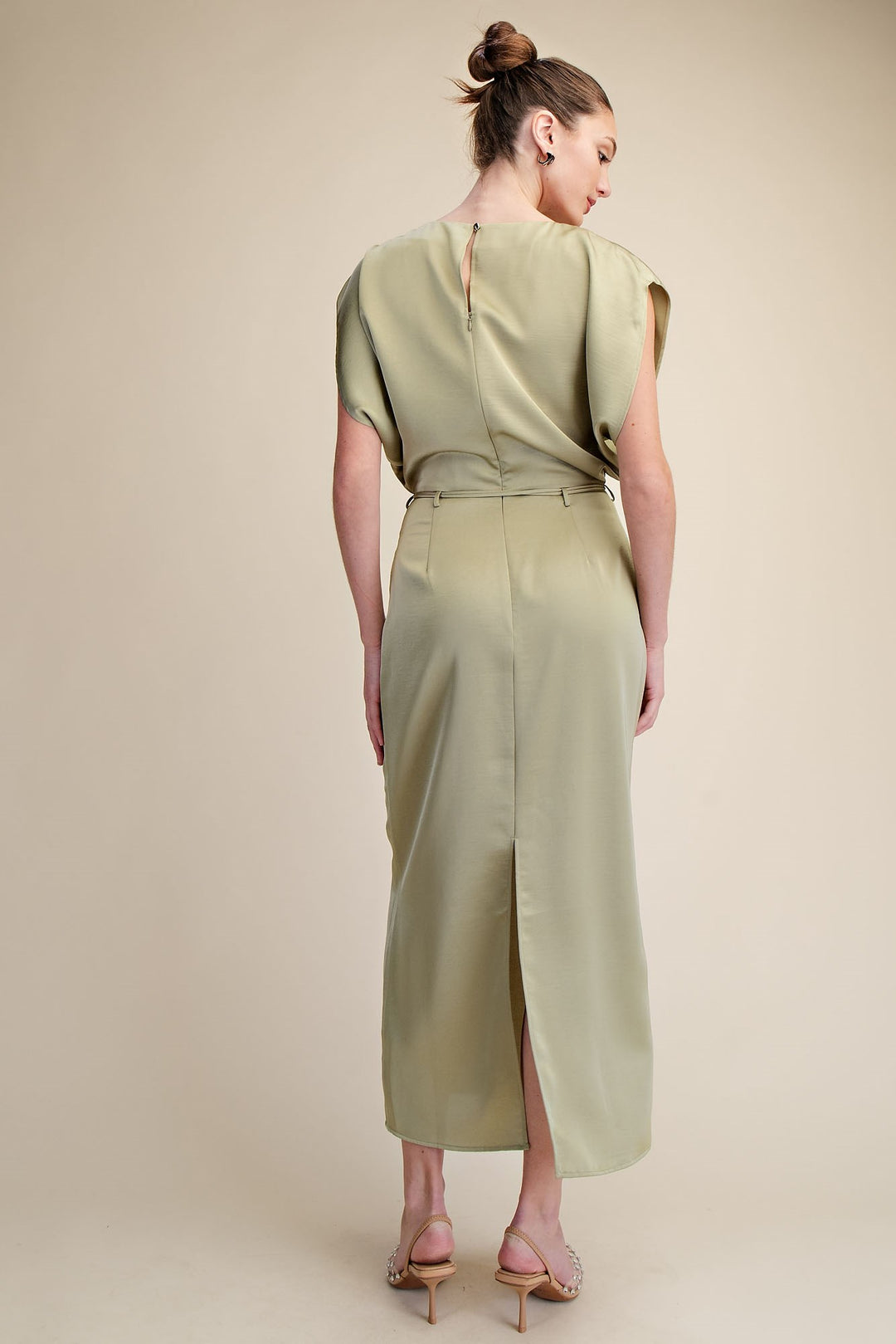 Round Neck Waist Tie Back Slit Midi Dress in Sage