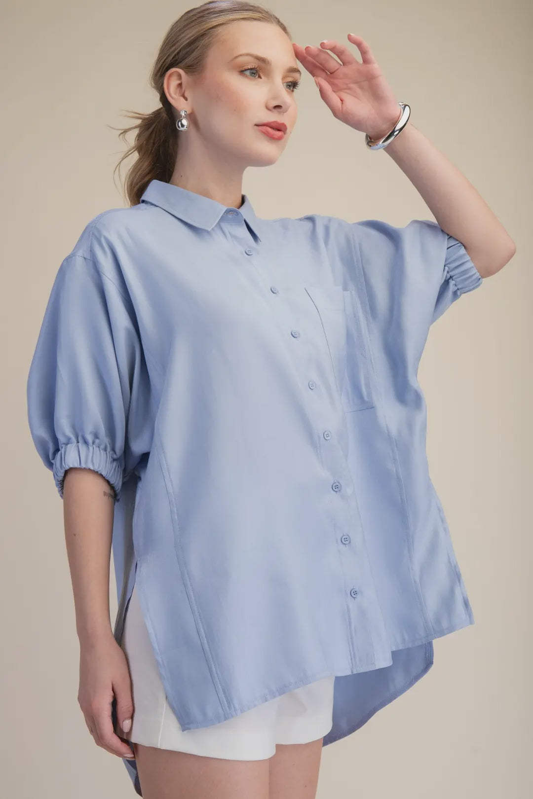 Blue Collar Puff Sleeves Button Down Relaxed Shirt