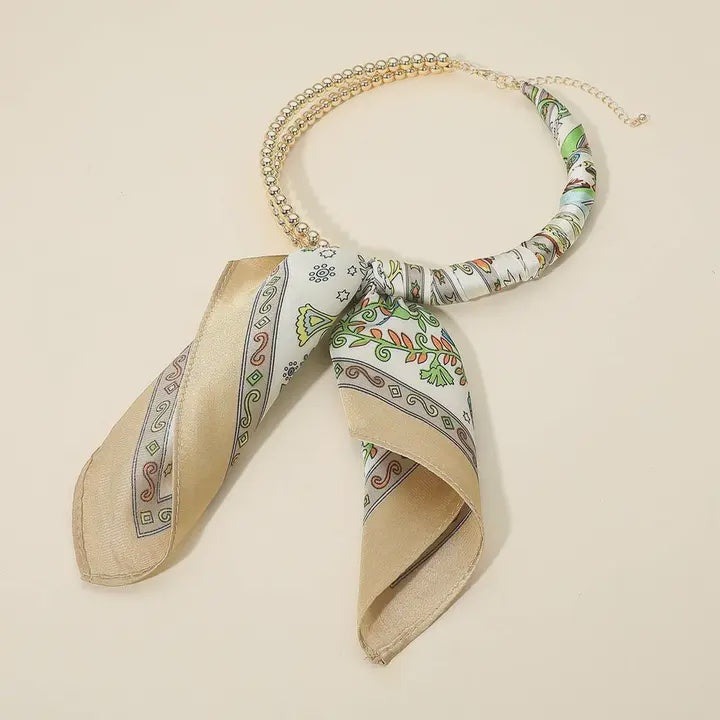 Abstract Pattern Fabric Scarf Double Bubble Chain Necklace in Olive Green