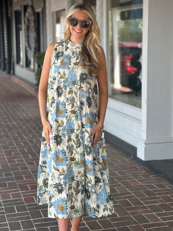 Sleeveless Floral Pattern Dress in Beige