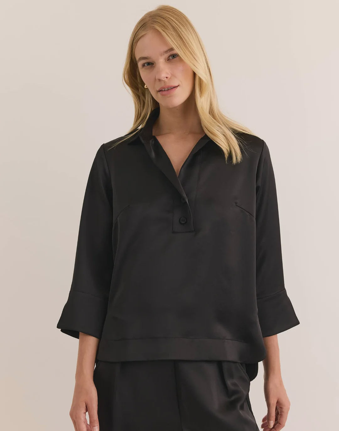 Hinson Wu Aileen 3/4 Sleeve Liquid Satin Top in Black