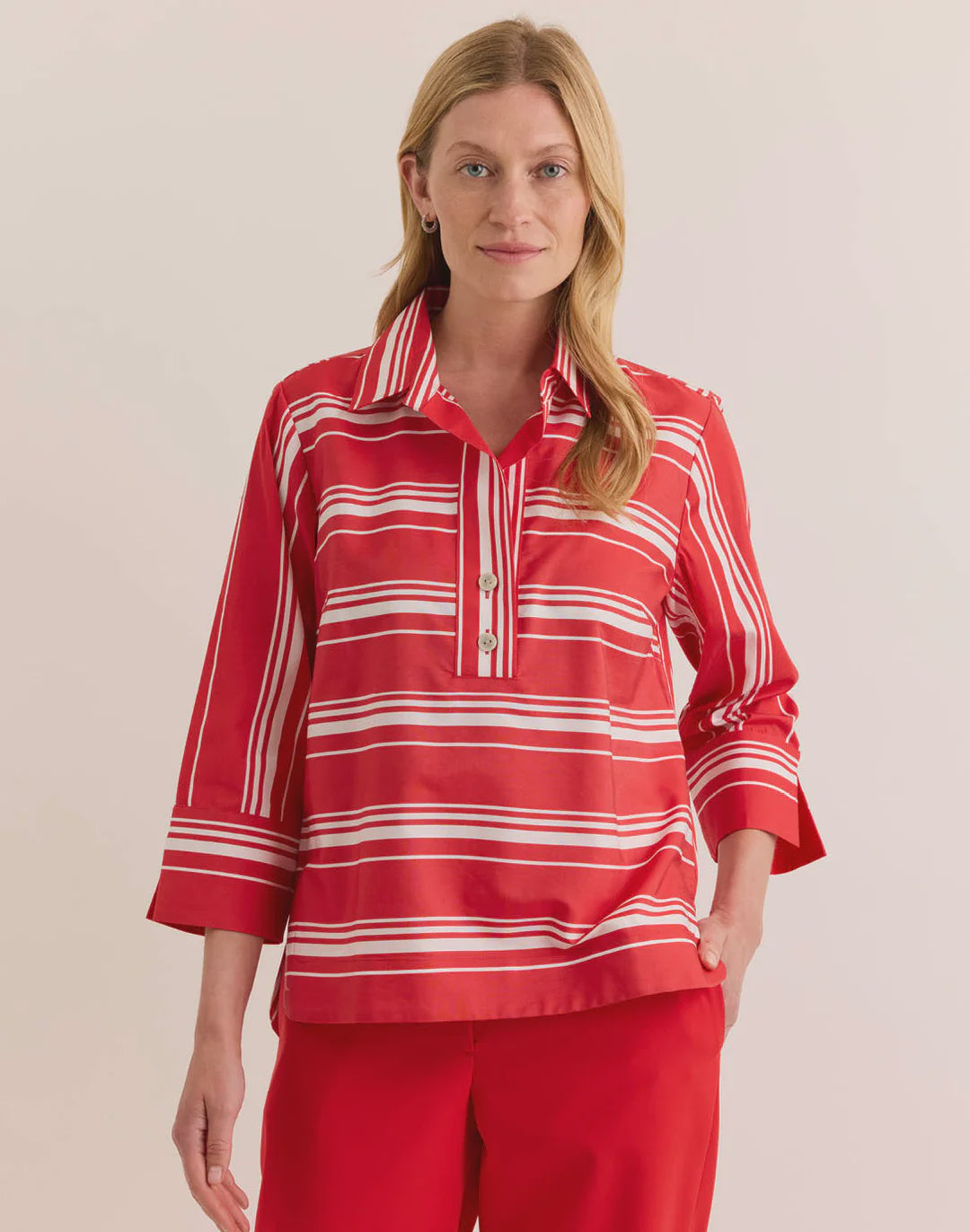Hinson Wu Aileen 3/4 Sleeve Top in Rouge/White Stripe