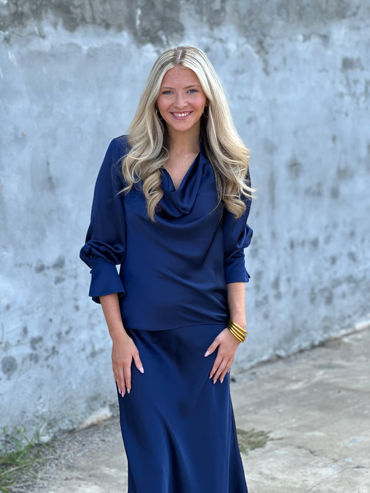 Tyler Boe Astrid Charmeuse Blouse in Mid Navy