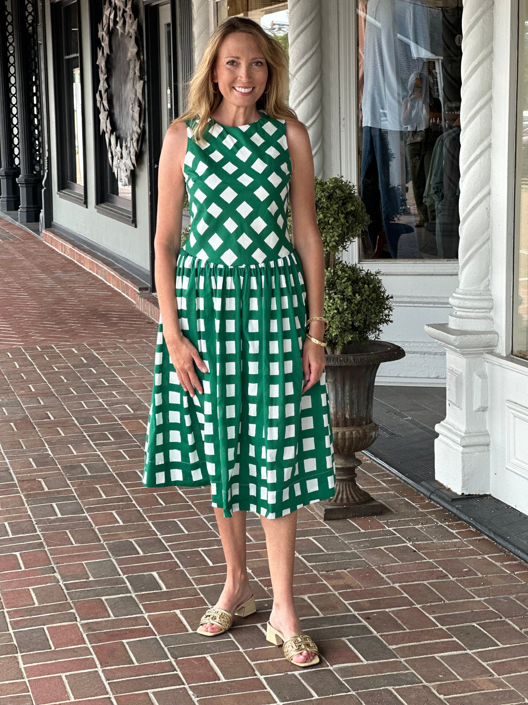 Green Gingham Flare Midi Dress