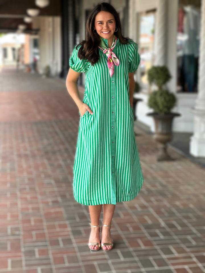 Stripe Puff Sleeve Midi Dress in Green