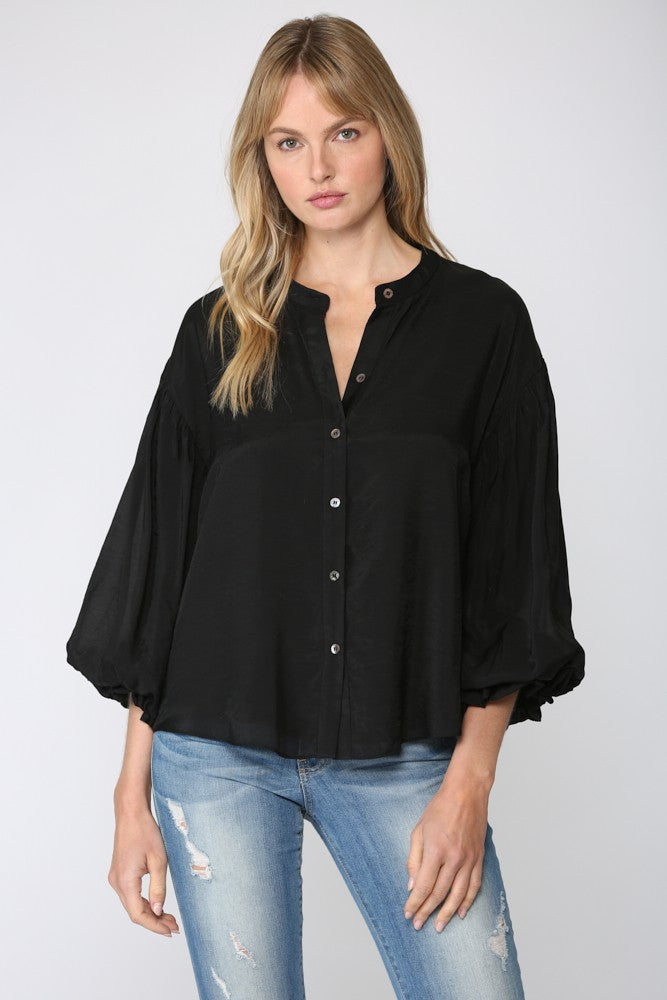 Puff Sleeve Button Down Shirt in Black