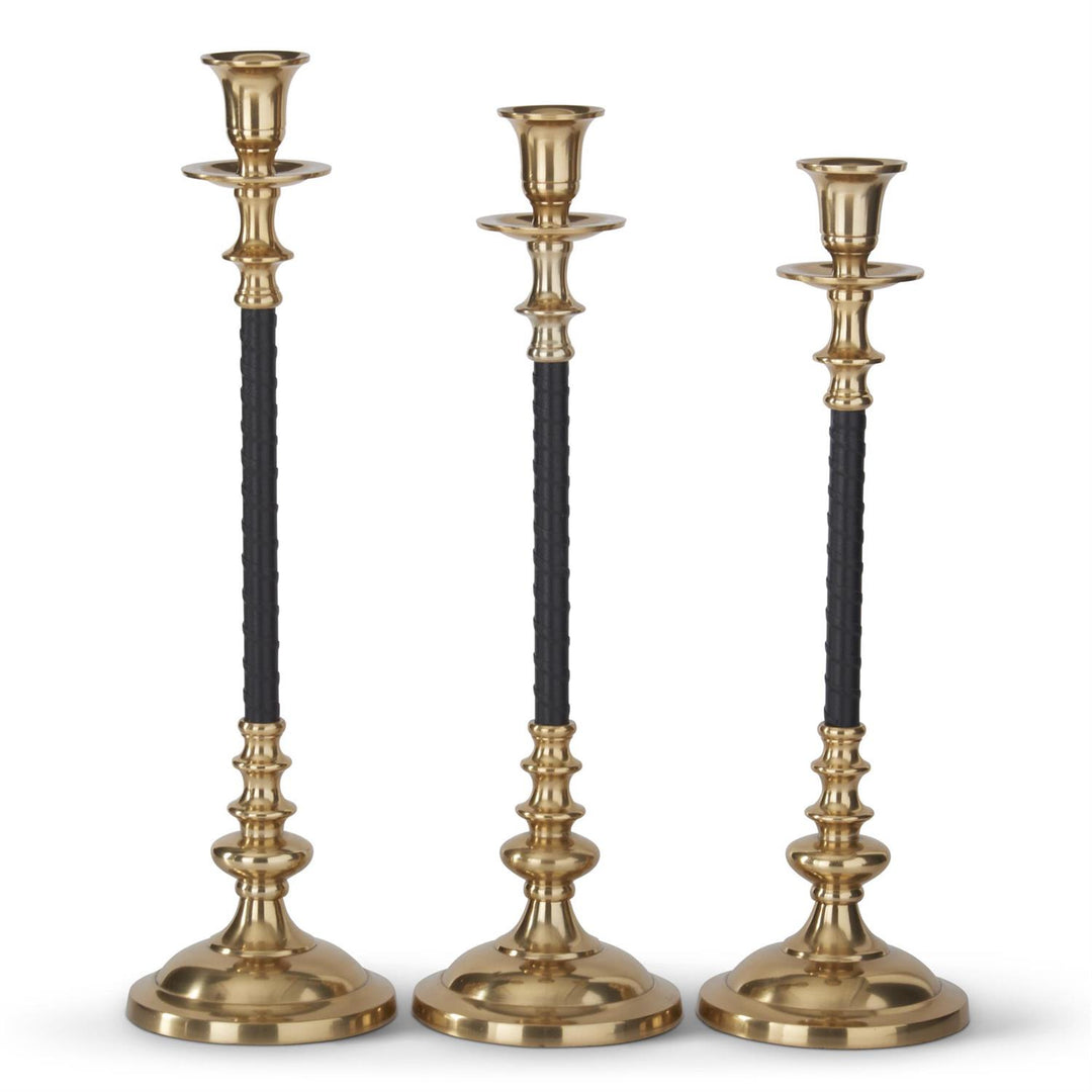 Set of 3 Black Vegan Leather & Gold Taper Candleholders