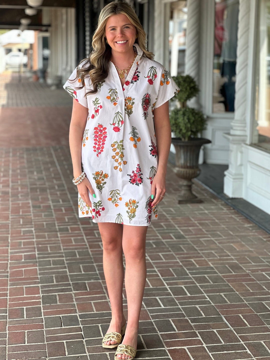 Cream Short Sleeve Printed Dress