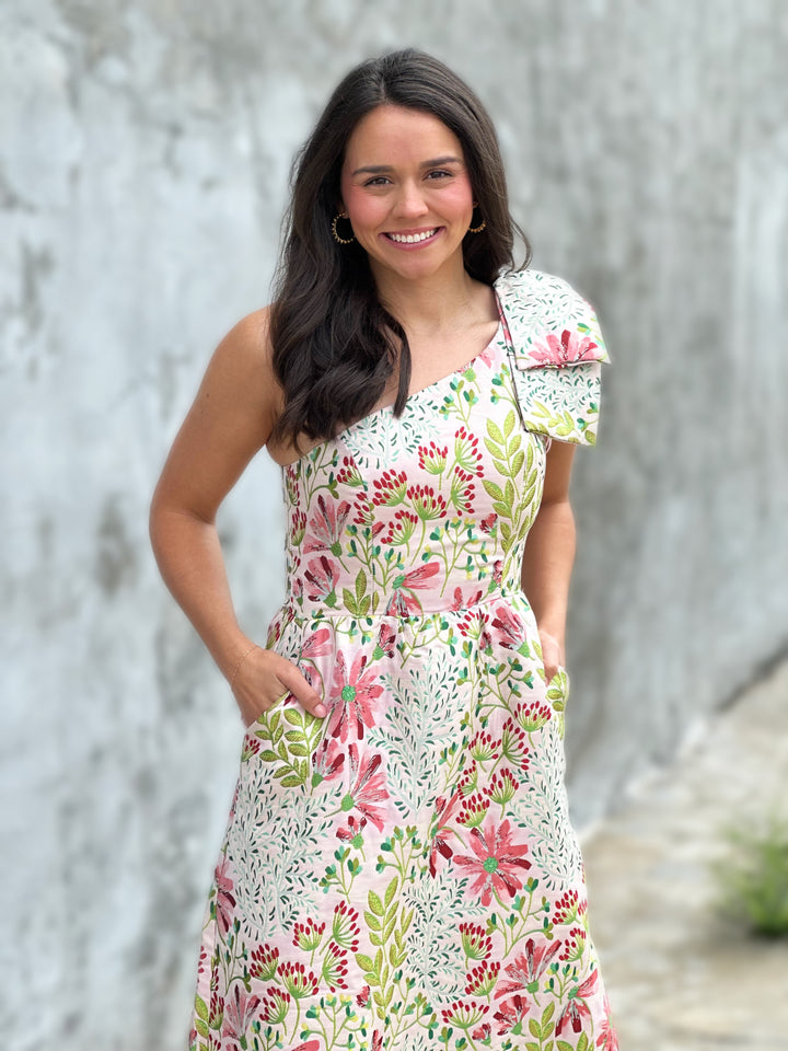 Floral One Shoulder Jacquard Midi Dress