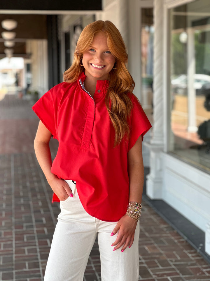Red Solid cap sleeve top
