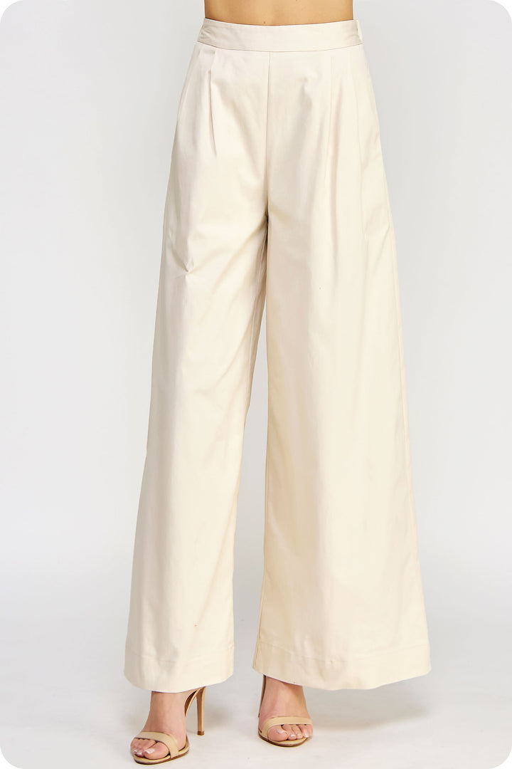 Pleated Ivory Wide Leg Twill Pants