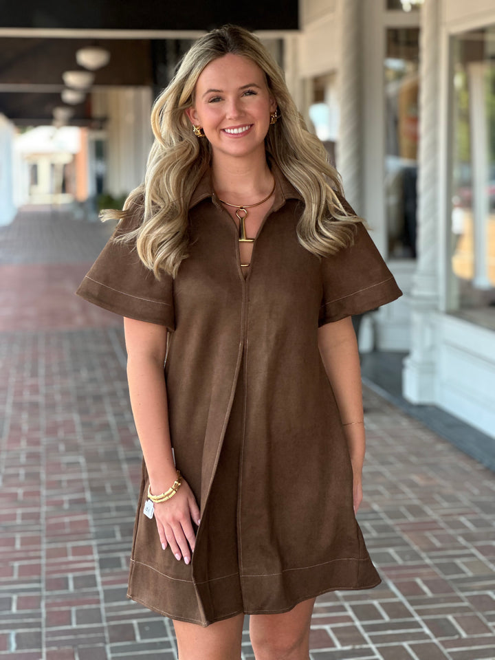 Collar Suede Mini Dress in Brown