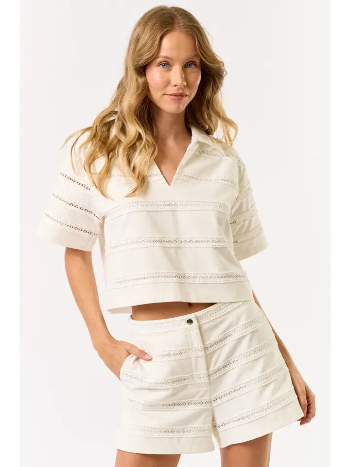 Off White Short Sleeve Top with Lace Trim Detail
