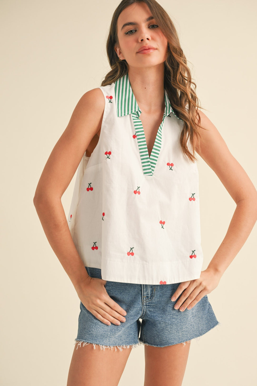 Fruit Embroidery Collared Top in Cherry