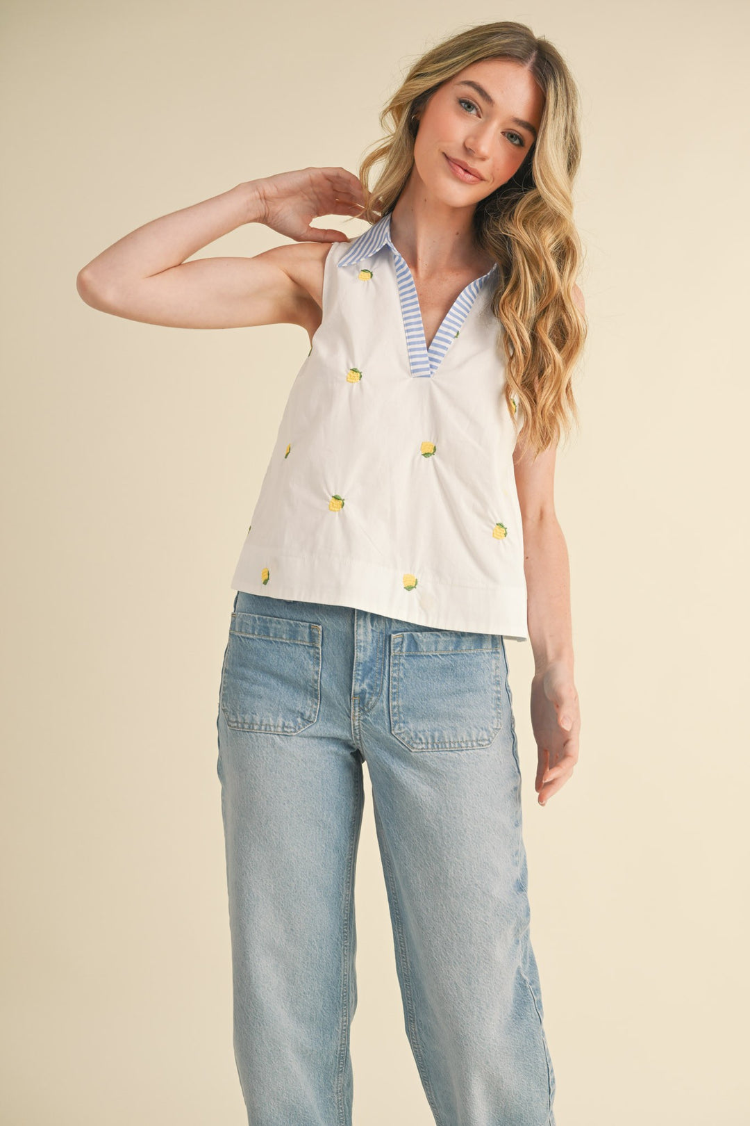 Fruit Embroidery Collared Top in Lemon