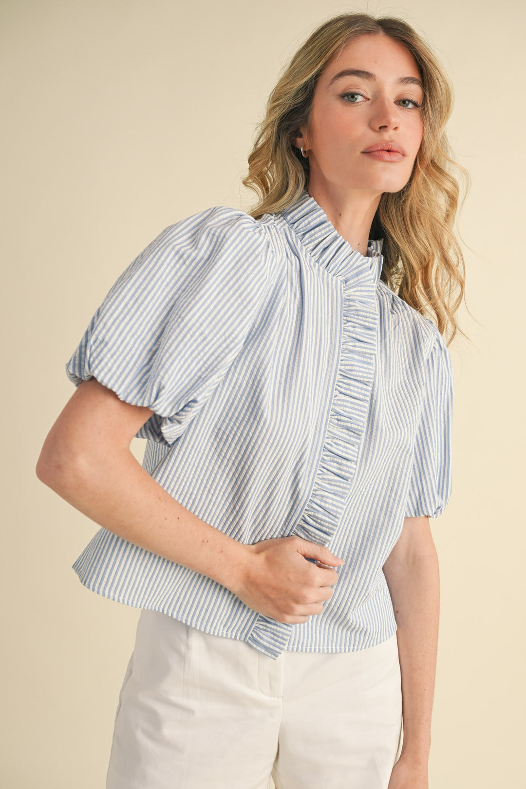 Striped Ruffle Button Down Top in Blue