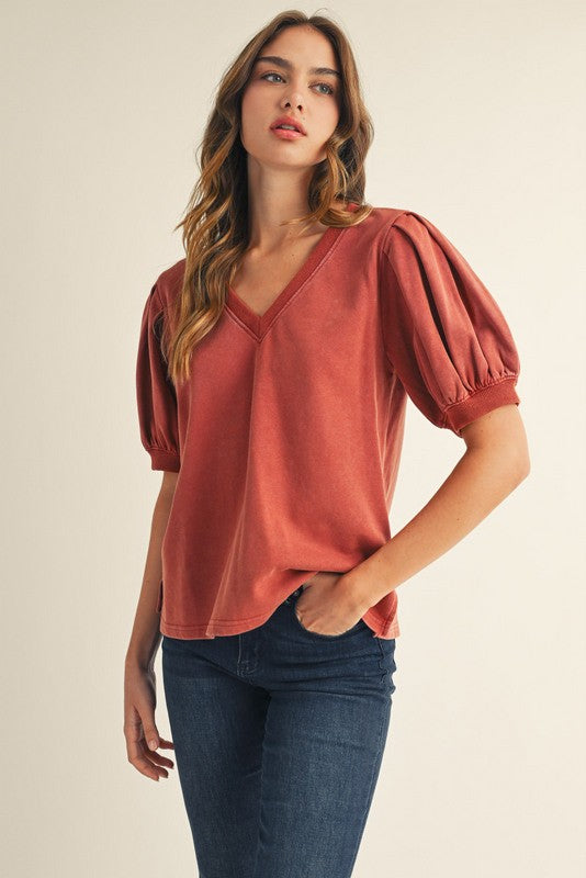 Toffee Cotton Solid V-neck Top