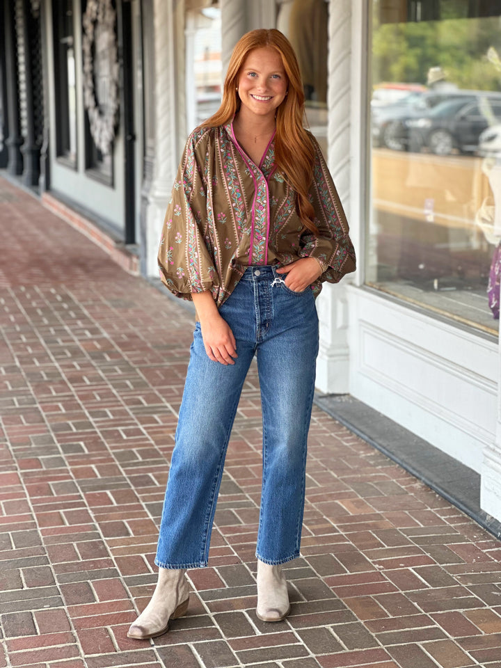 Mix Floral Boho Blouse in Brown