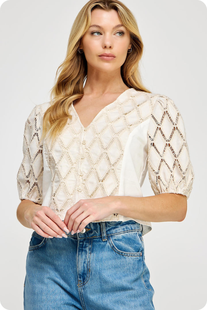 Crochet Linen Patchwork Button Down Blouse in Ivory