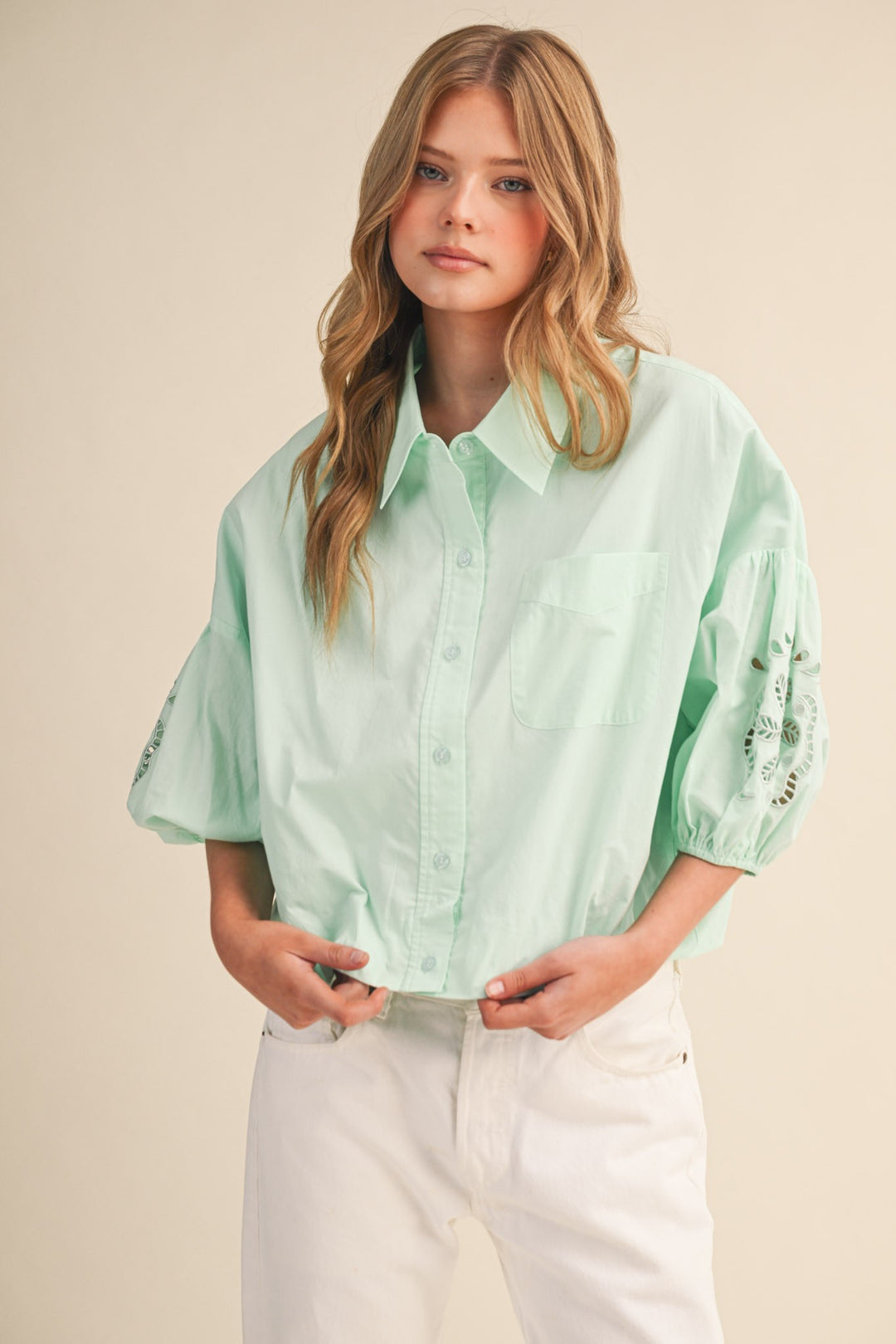 Mint Embroidered Bubble Sleeve Top