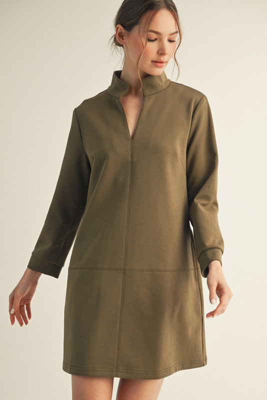 Stand-up Collared Shift Dress in Olive