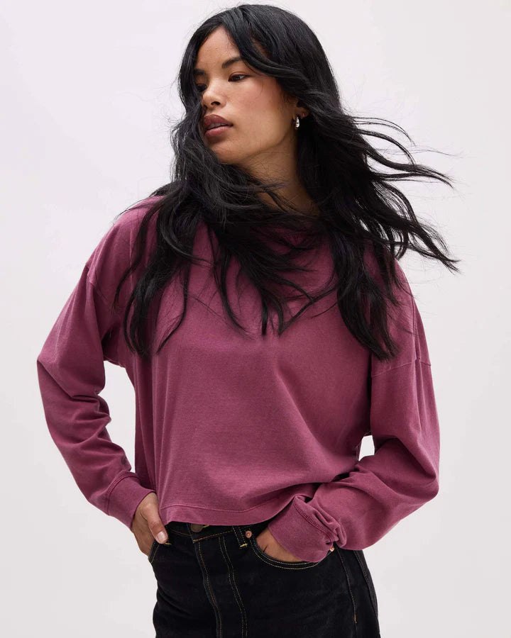 Richer Poorer Relaxed Crop Long Sleeve Tee in Burgundy