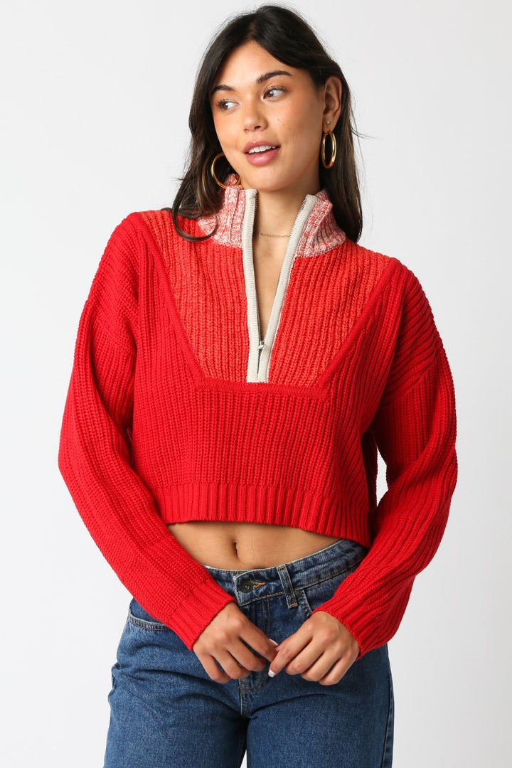Claire Zip Up Knit Top in Red