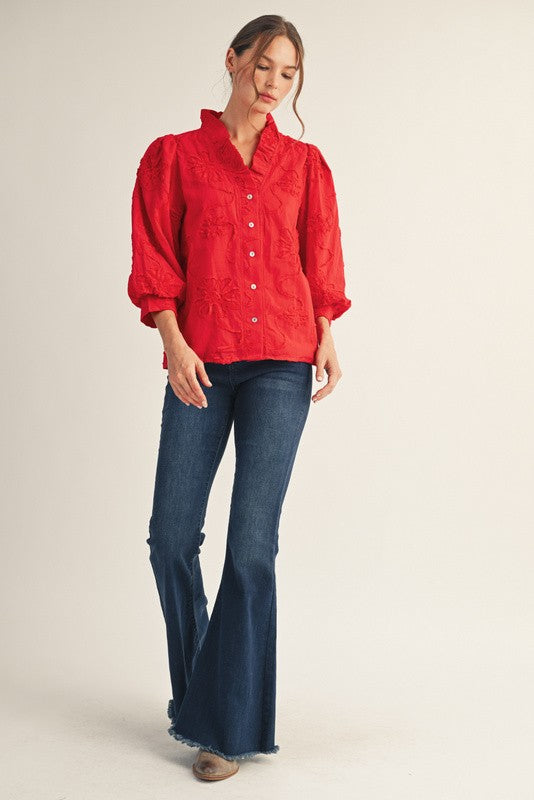 Button Down Floral Top in Red