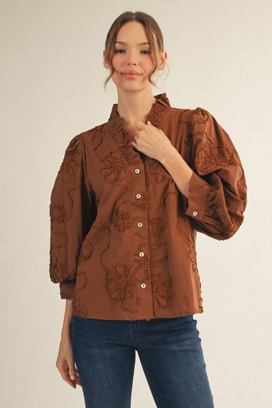 Button Down Floral Top in Brown