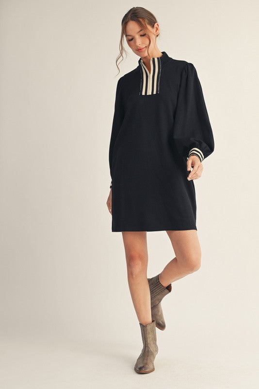 Stripe Contrast Detail Zip Up Casual Dress in Black