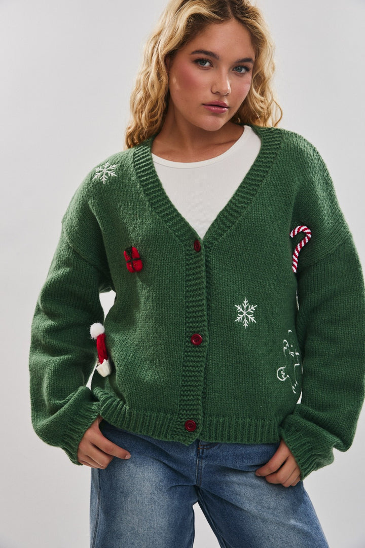 Christmas Theme Knit Sweater Cardigan in Green