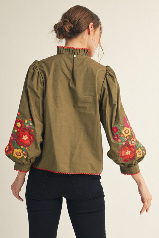 Lace Trim Edge Detail Embroidered Top in Olive