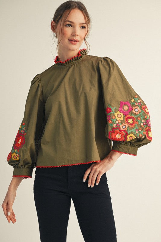 Lace Trim Edge Detail Embroidered Top in Olive