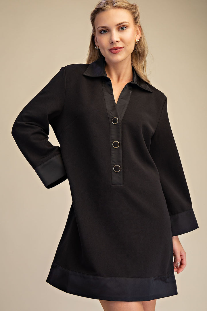 Collar Neck Long Sleeve Mini Dress in Black