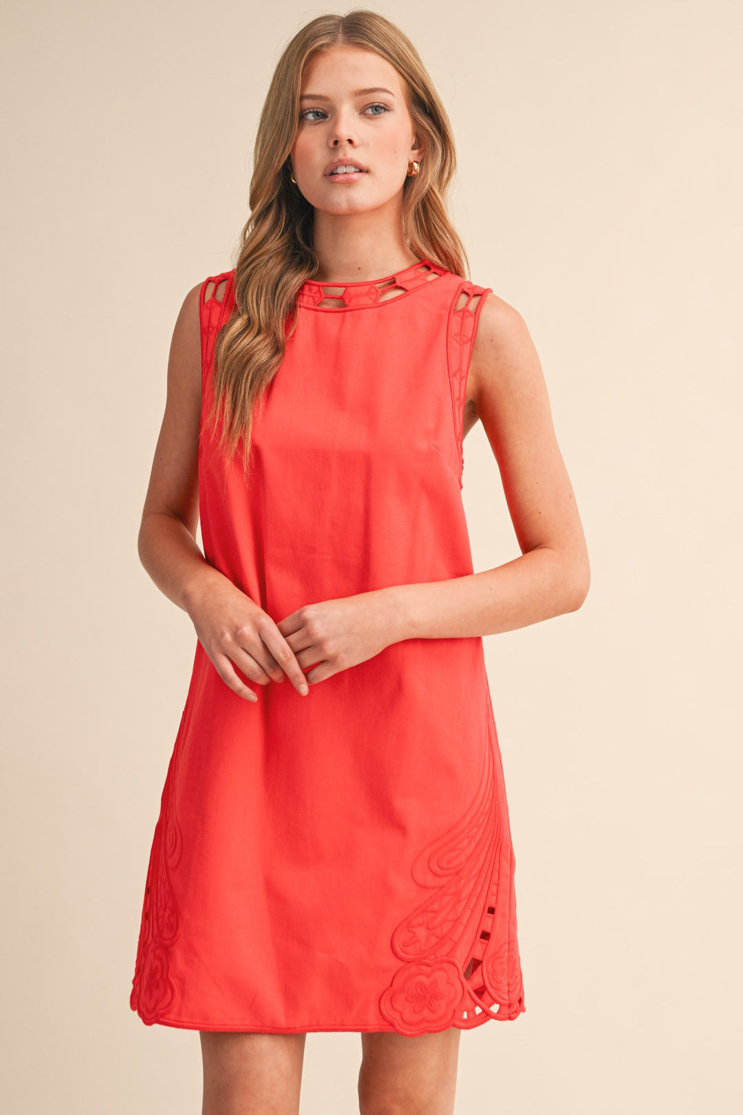 Red Embroidered Shift Mini Dress