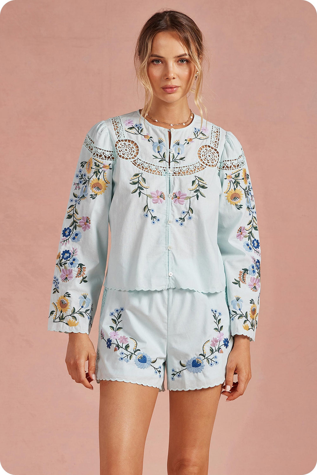 Light Sky Embroidered Floral Lace Detail Button Down Blouse