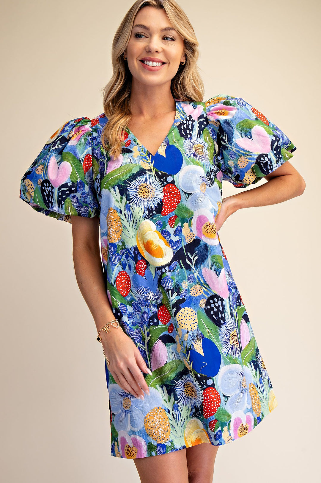 Ballon Sleeve Flower Printed Mini Dress in Blue