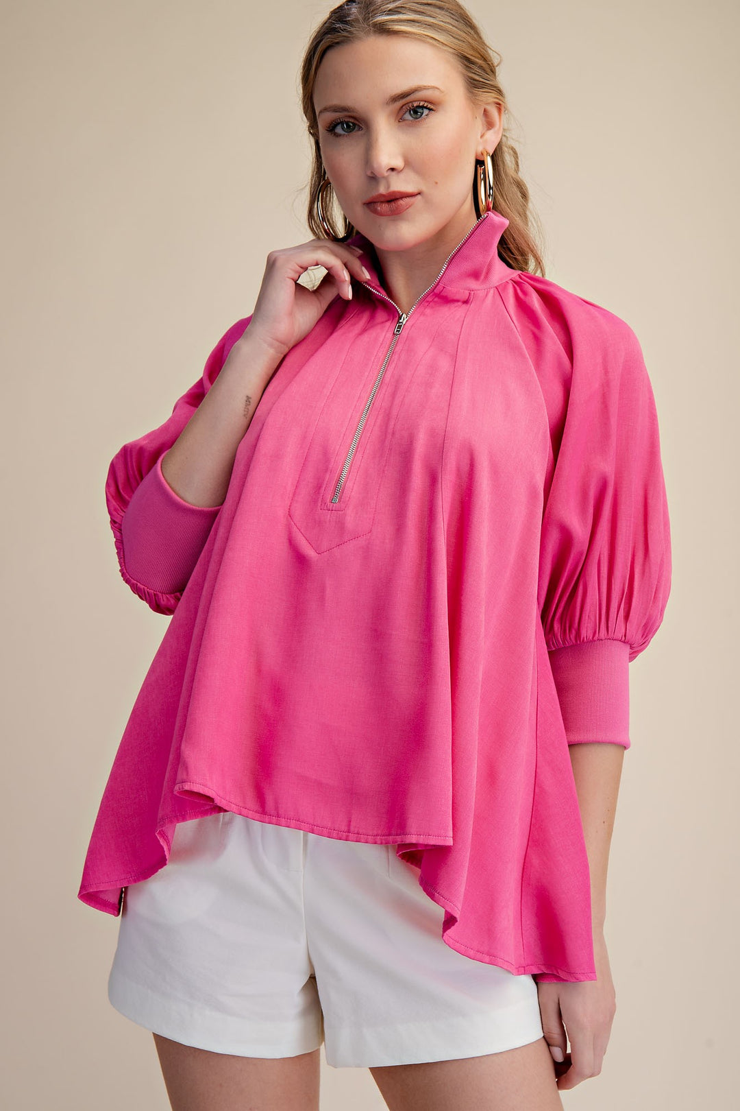 Half Zip Mock Neck Band Puff Sleeve Blouse in Pink