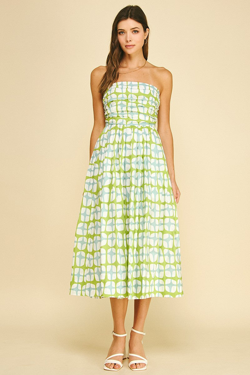 Aqua Green Geometric Print Midi Dress