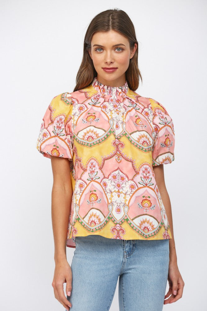 Peach Floral & Ornamental Pattern High Ruffled Neckline Blouse