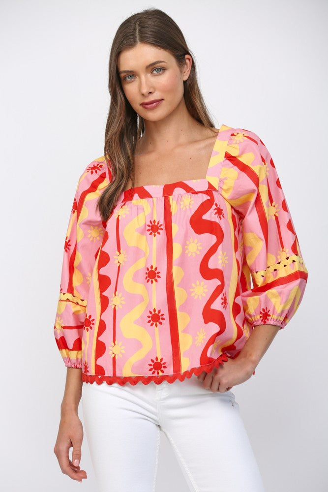 Sun&wave Pattern Cotton Poplin Square Neckline Ric Rac Top