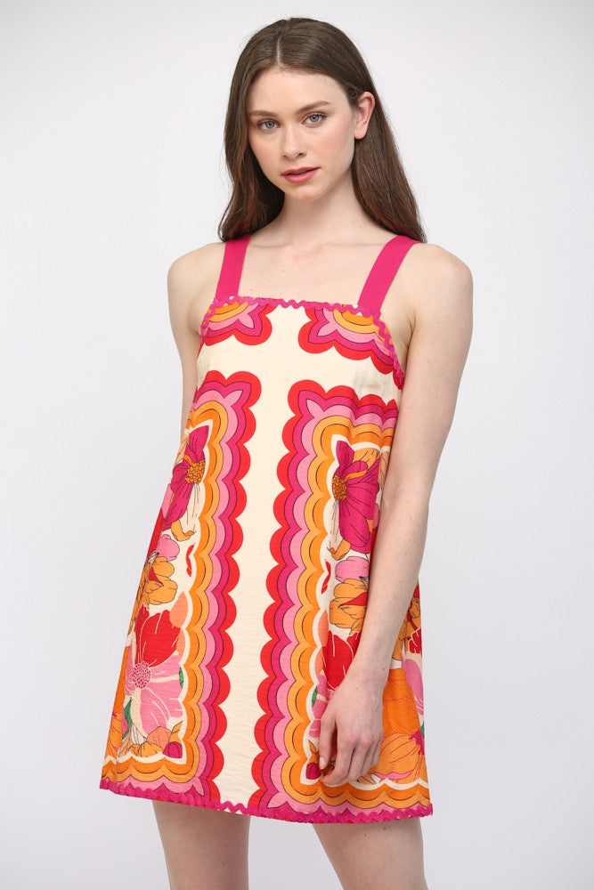 Ric-rac Trimmed Wide Shoulder Strap Floral Dress