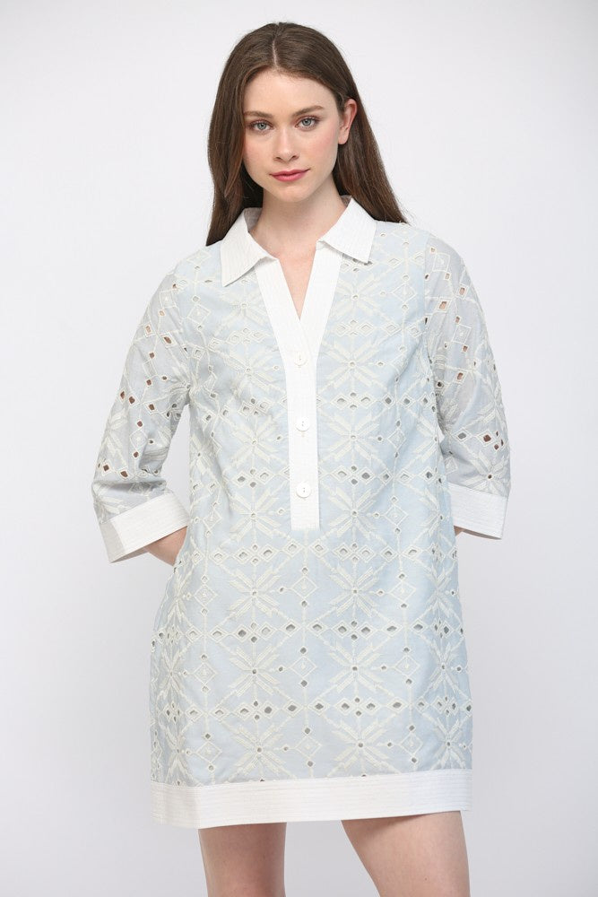 Light Blue Contrast Top Stitching Band Detail Eyelet Lace Shift Dress