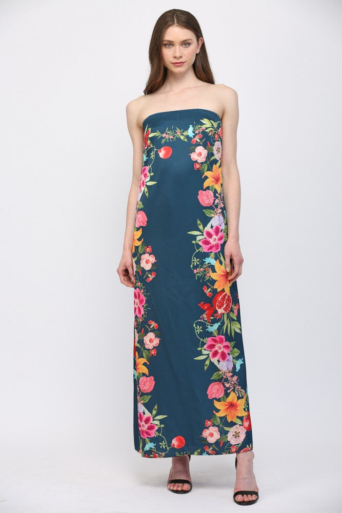 Navy Botanical Border Print Strapless Maxi Dress