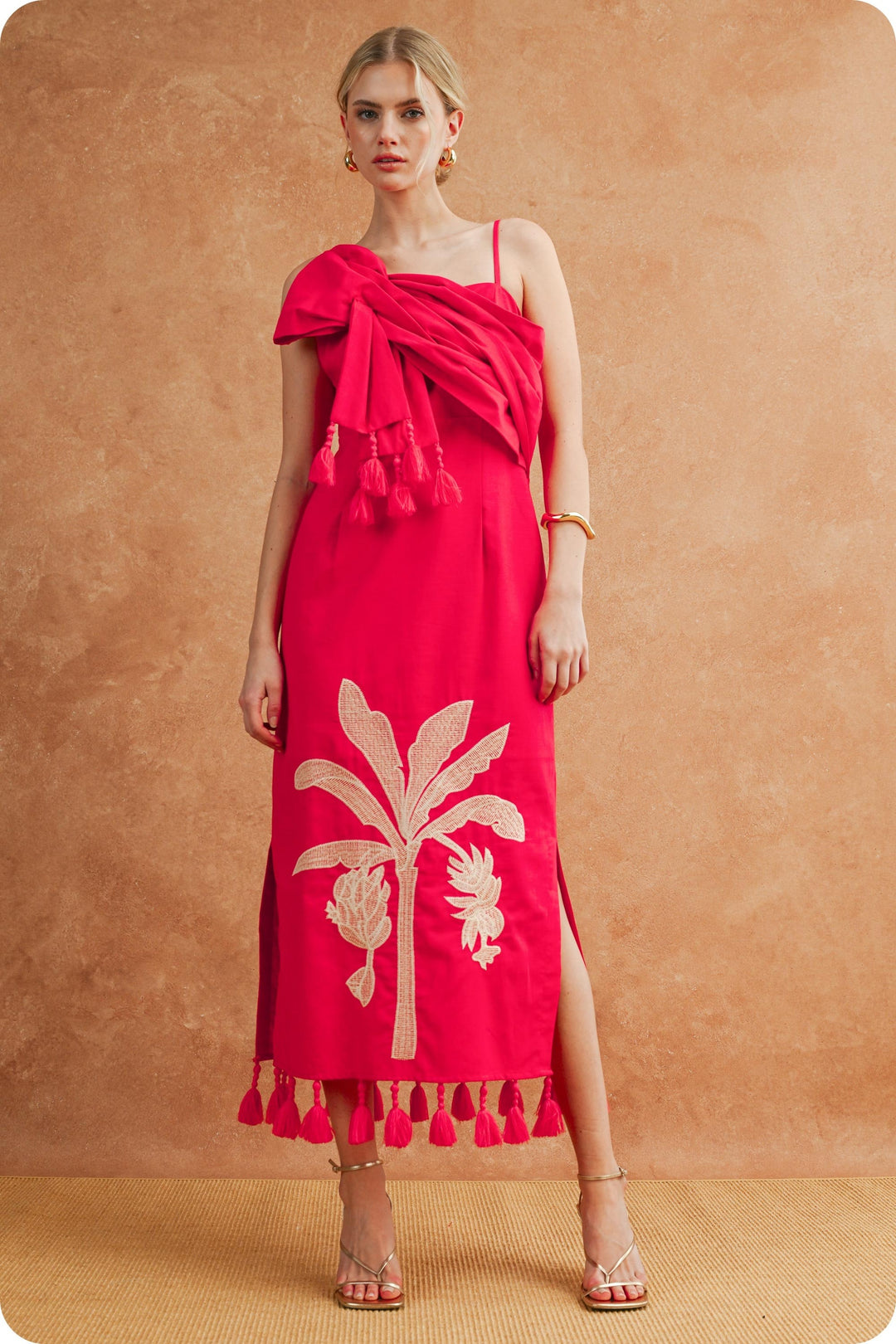 Red Tropical Palm Embroidered One-shoulder Tassel Mini Dress