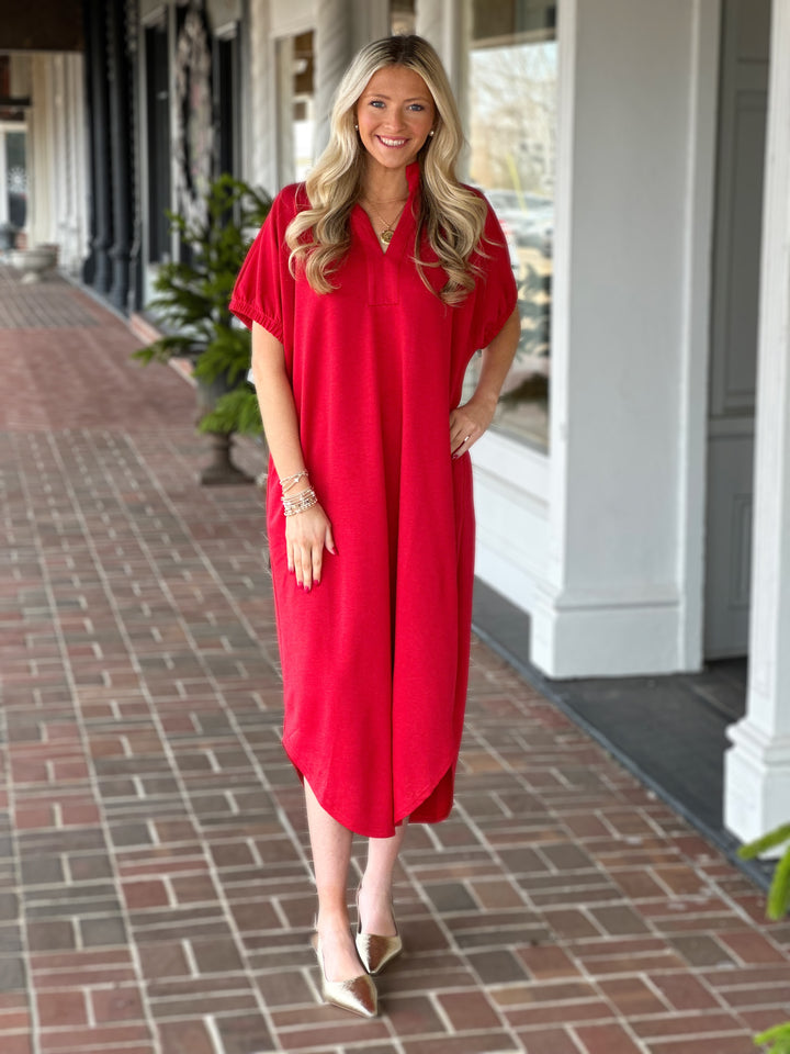 Classic Midi Pocket Dress in Red