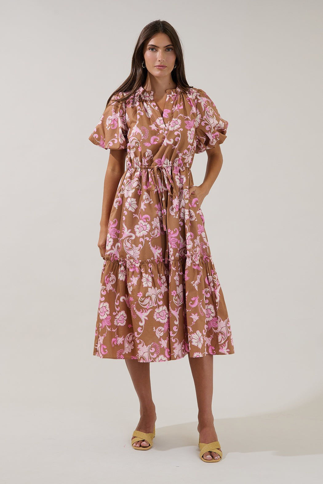 Ginny Bubble Sleeve Midi Dress in Brown